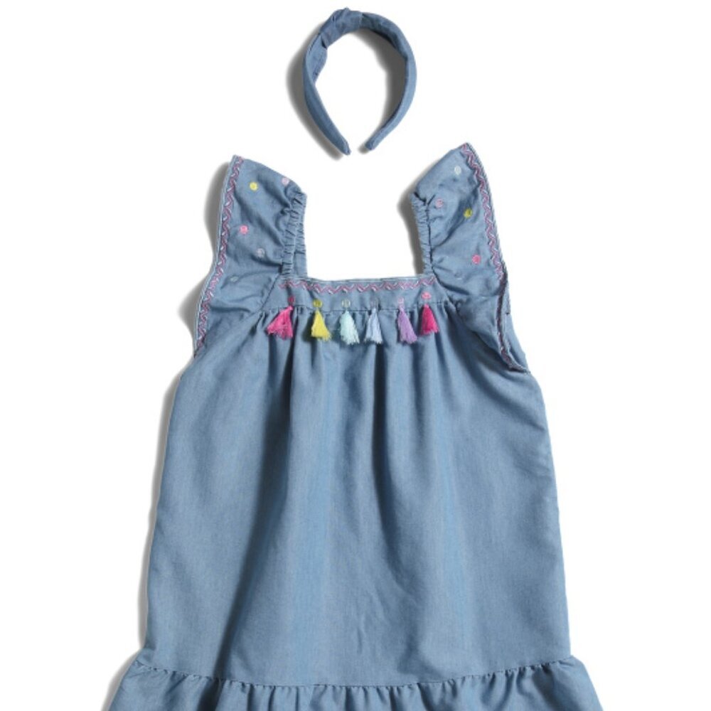 NWT B TWEEN Big Girls Embroidered Peasant Dress With Tassel Detail & Hairband